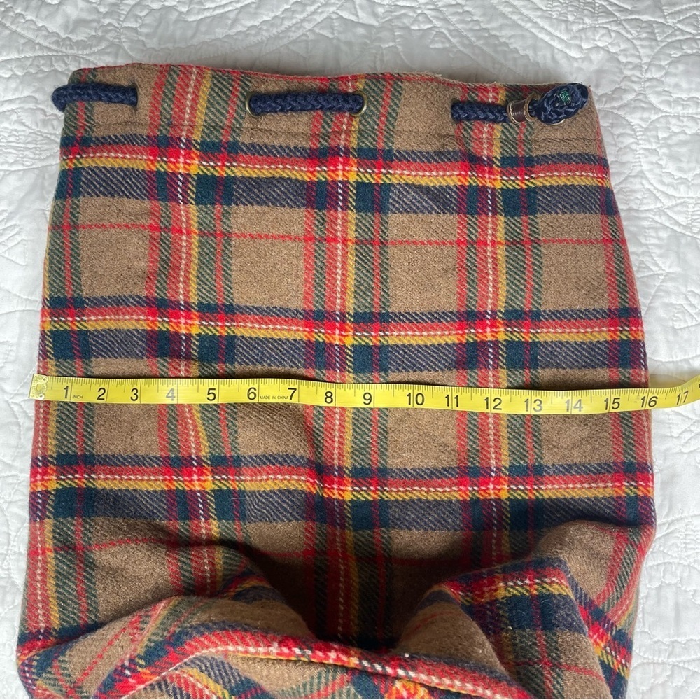 VINTAGE 90s GAP Mt. Whistler Brown Tartan Plaid Drawstring Wool Bucket Backpack - Picture 12 of 16